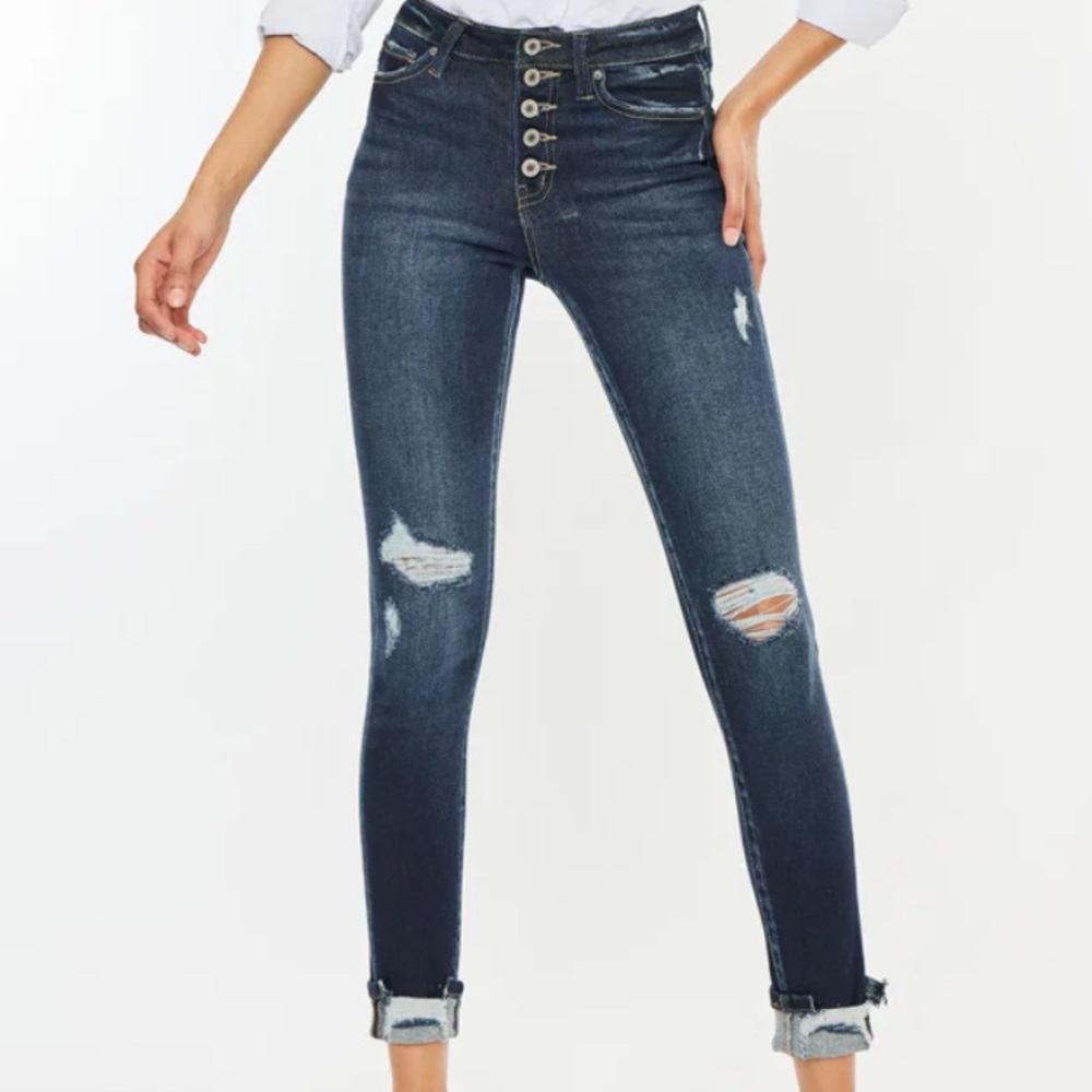 Kancan Size 5/26 High Rise Button Fly Skinny Dark Wash Distressed Jeans